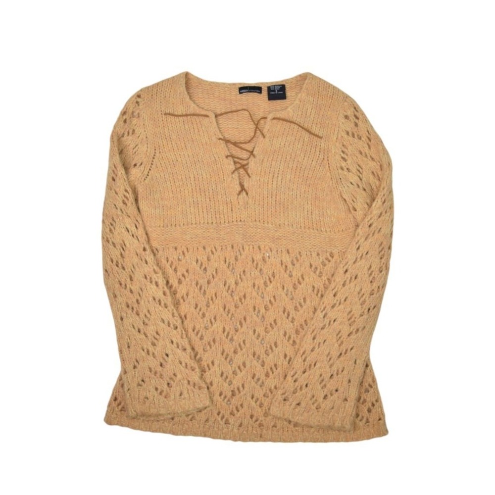 Moda International Sweater Womens Small Brown V Neck Tie Loose Knit Flare Sleeve